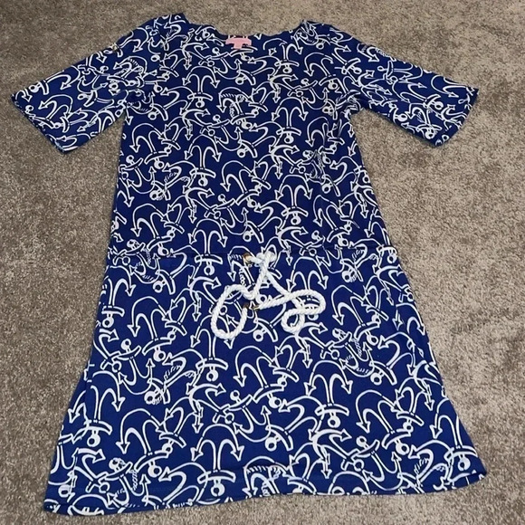 Lilly Pulitzer Nautical Anchor Blue Mini  Dress Drawstring Waist Size XS.  N - Picture 2 of 7